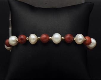 Vintage 14K Gold Red Coral and Cultured Pearl Bracelet