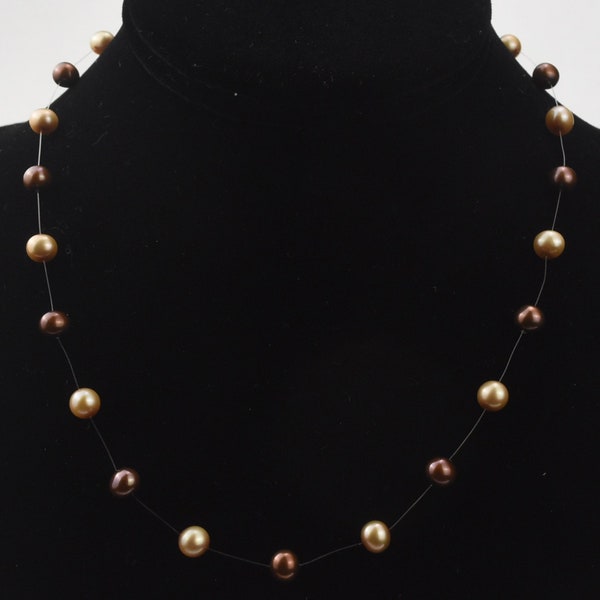 Chocolate and Gold Pearl Floating Necklace with Sterling Clasp