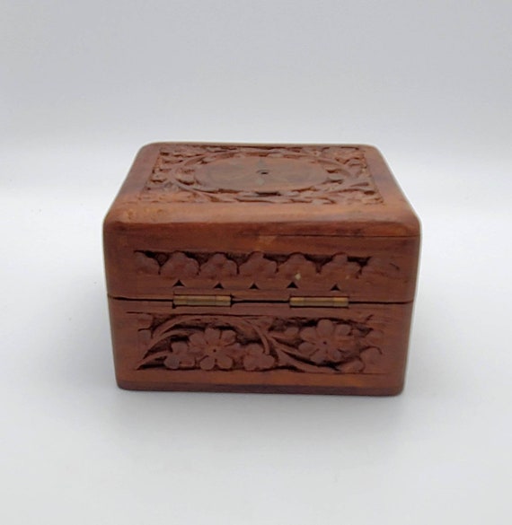 Vintage Hand Carved Wood and Brass Jewelry Box - image 2