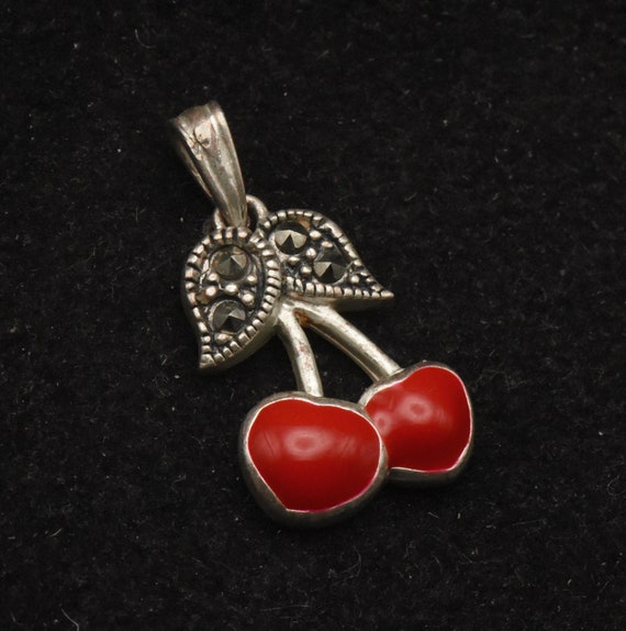 Sterling Silver and Marcasite Cherries Pendant - image 2