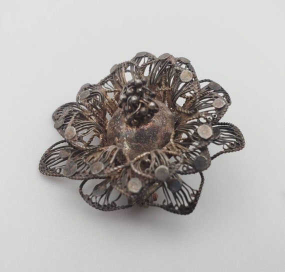 Vintage Sterling Silver Filigree Flower Brooch - image 6