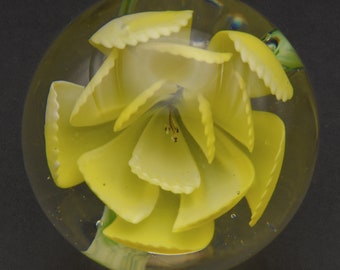 Vintage Yellow Flower Encased Glass Paperweight