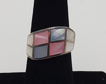 Multicolor Mother-of-pearl Sterling Silver Inlaid Ring - Size 6.5
