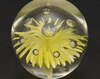 Vintage Light Yellow Flower Encased Glass Paperweight