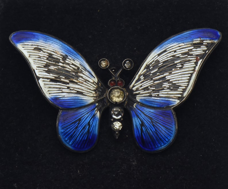 Vintage 935 Silver Enamel and Rhinestones Butterfly Brooch - Damaged image 2