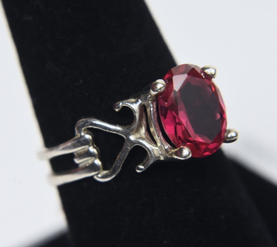Sterling Silver Synthetic Ruby Ring - Size 7.5 - image 1