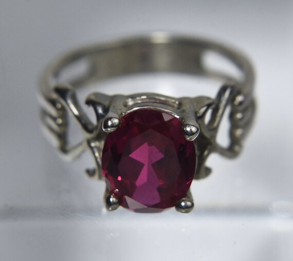Sterling Silver Synthetic Ruby Ring - Size 7.5 - image 4