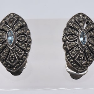 Vintage Sterling Silver Blue Topaz and Marcasite Art Deco Style Clip On Earrings