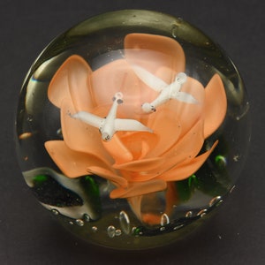 Vintage Orange Flower with Flying Birds Encased Glass Paperweight