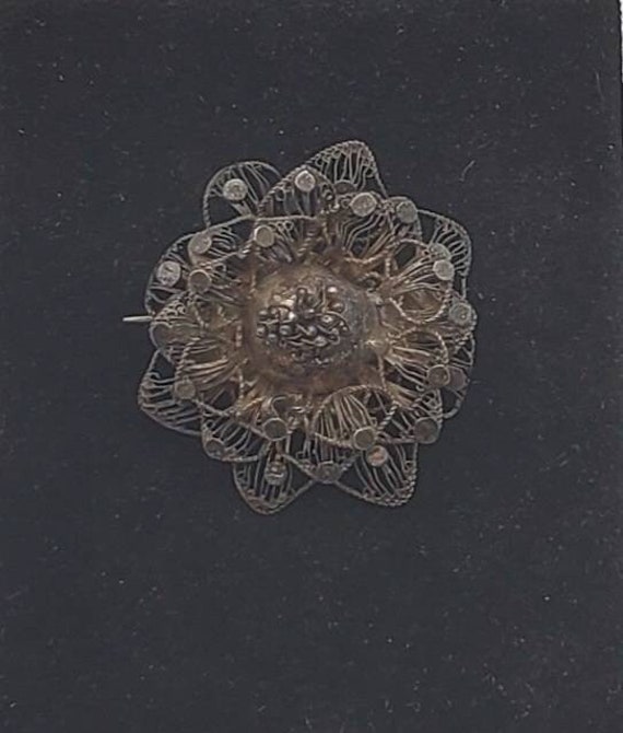 Vintage Sterling Silver Filigree Flower Brooch - image 1