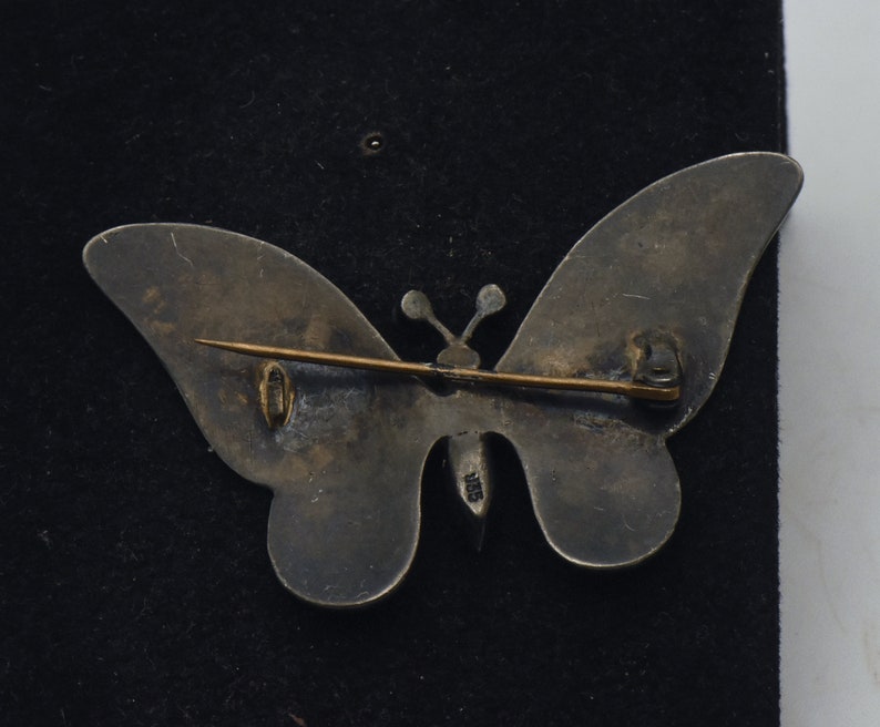 Vintage 935 Silver Enamel and Rhinestones Butterfly Brooch - Damaged image 4