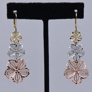 Vintage Tri-Tone Sterling Silver Floral Dangle Earrings