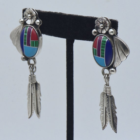 Vintage Handmade Sterling Silver Inlaid Dangle Earrings View 6