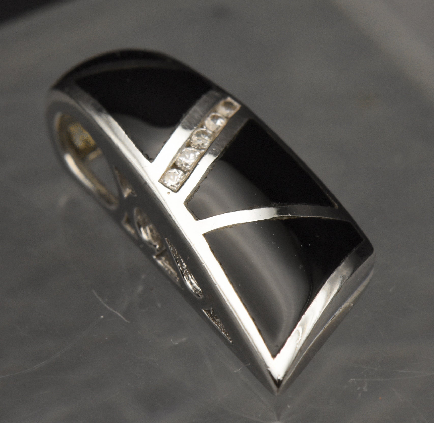 Vintage Sterling Silver Black Onyx and Rhinestone Slide