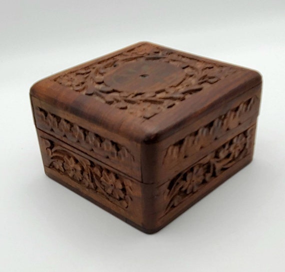 Vintage Hand Carved Wood and Brass Jewelry Box - image 1
