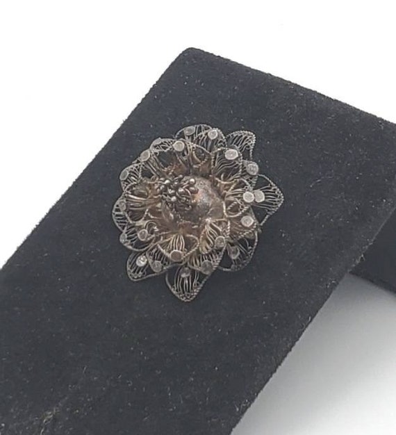 Vintage Sterling Silver Filigree Flower Brooch - image 4