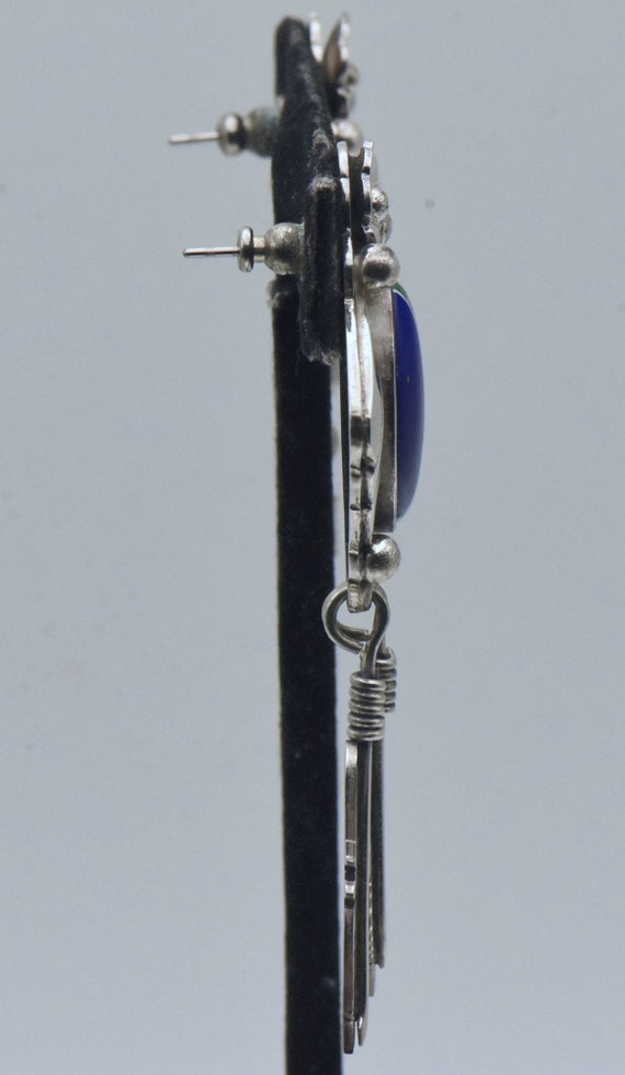 Vintage Handmade Sterling Silver Inlaid Dangle Earrings View 3