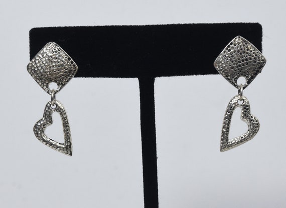 Sterling Silver Hammered Heart Dangle Earrings - image 1