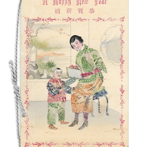 Cartão de felicitações vintage para o Ano Novo Chinês com colagem de dinheiro