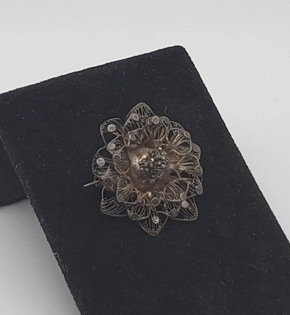Vintage Sterling Silver Filigree Flower Brooch - image 2