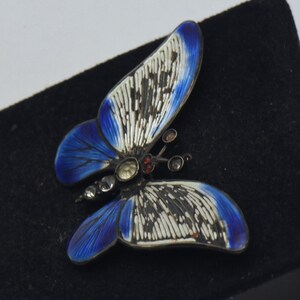 Vintage 935 Silver Enamel and Rhinestones Butterfly Brooch - Damaged image 3