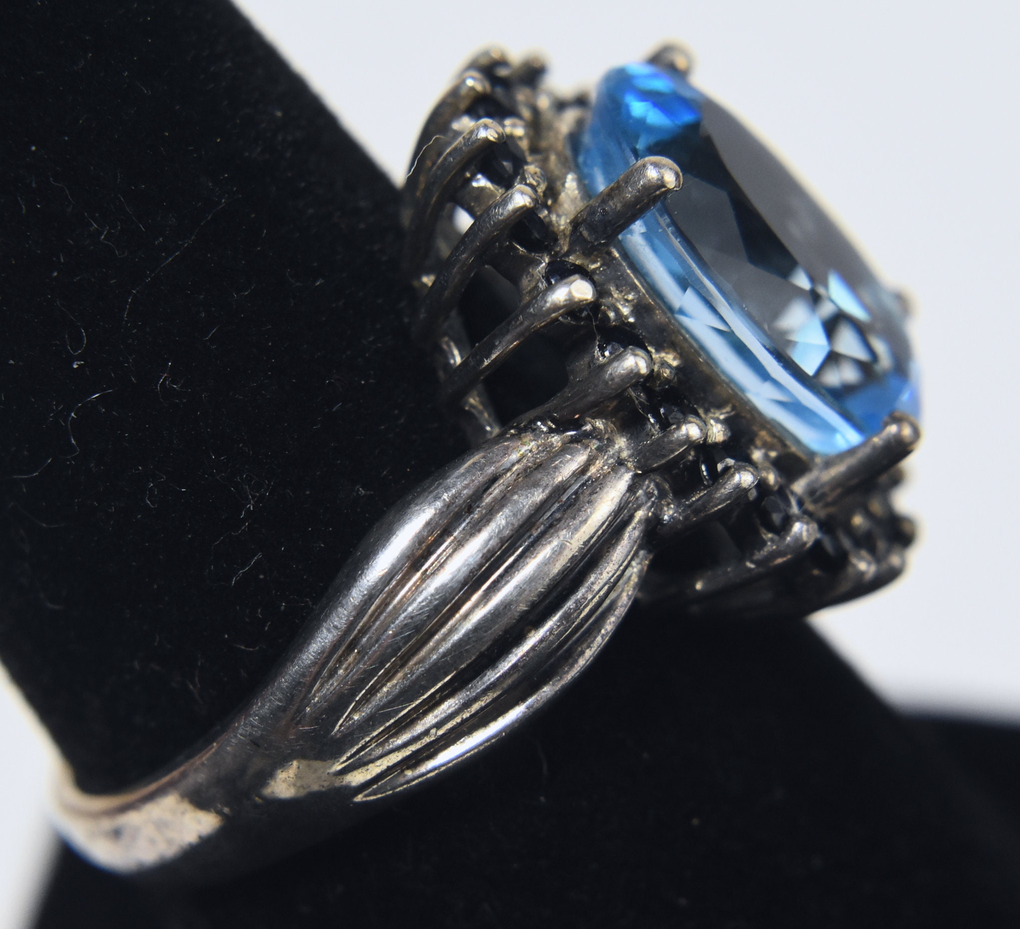 Anello Topazio Blu Su Argento 925, Fatto A Mano, Vintage, Taglia 7.5 (K13)