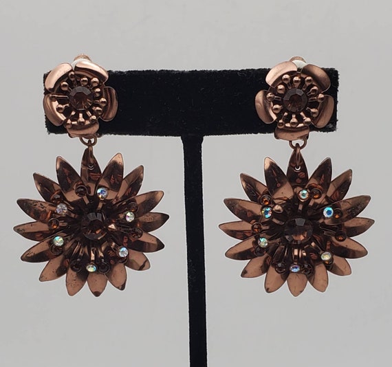 Vintage Copper Floral Clip On Dangle Earrings - image 1