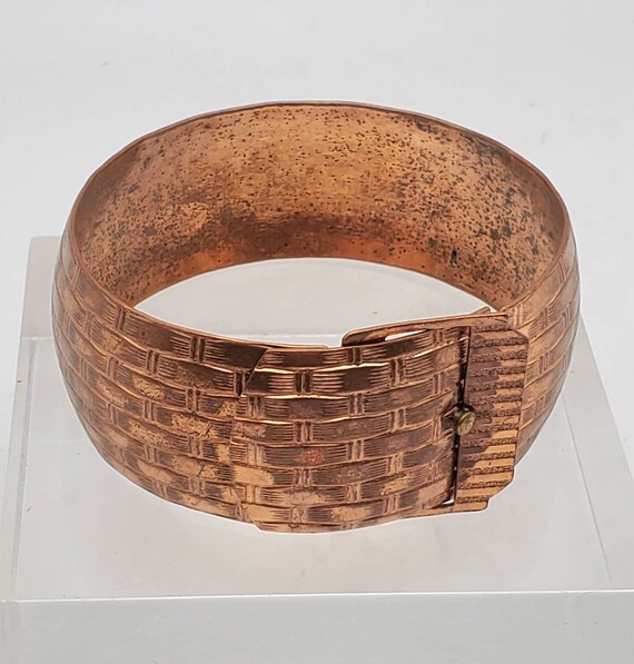 Vintage Copper Basket Weave Belt Buckle Cuff Bracelet Gem