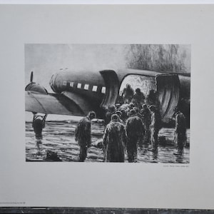 May include: Black and white photograph of a military transport plane with soldiers disembarking. The plane is a Douglas C-47 Skytrain, a twin-engine aircraft used extensively during World War II.
