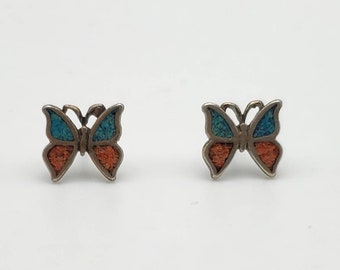 Vintage Blue and Red Crushed Stone Butterfly Stud Earrings