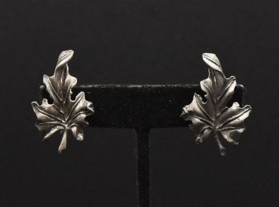 Vintage Sterling Silver Leaf Screw Back Earrings - image 1