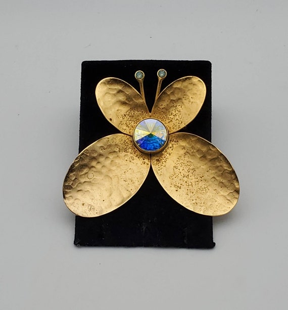 Vintage Hammered Gold Tone Butterfly with Faceted 