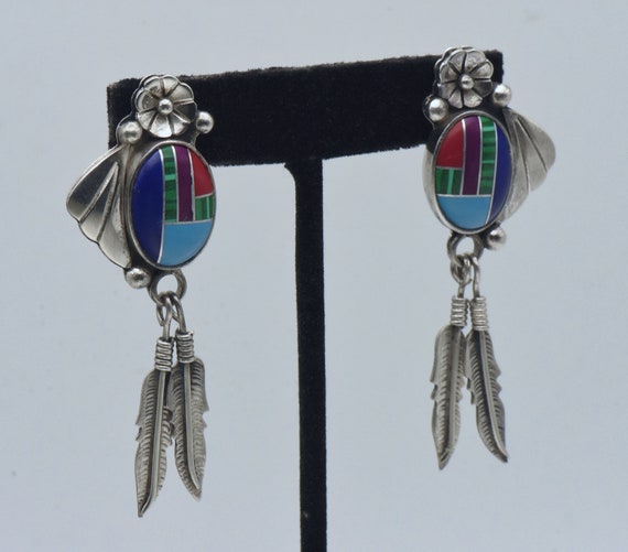 Vintage Handmade Sterling Silver Inlaid Dangle Earrings View 2