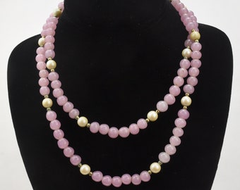 Pink Glass, Faux Pearl and Brass Bead Necklace