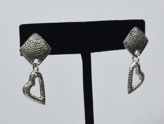 Sterling Silver Hammered Heart Dangle Earrings - image 2