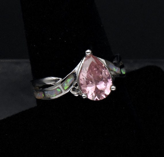 Vintage Pink Crystal and Opal Sterling Silver Ring Size