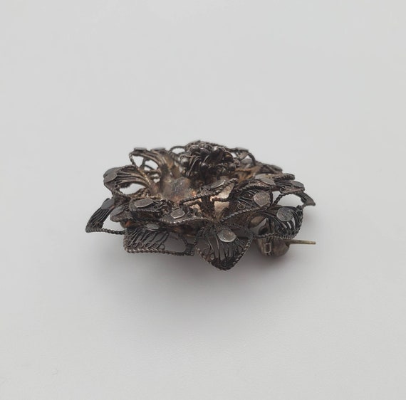 Vintage Sterling Silver Filigree Flower Brooch - image 8