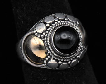 Vintage Handmade Sterling Silver and Gold Black Onyx Ring - Size 4