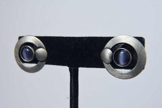 Contemporary Silver Blue Cat's Eye Glass Earrings - image 1