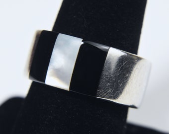 Emporio Armani – zabytkowy pasek ze srebra próby 925 z masy perłowej i czarnego onyksu – rozmiar 7,5