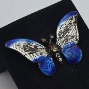 Vintage 935 Silver Enamel and Rhinestones Butterfly Brooch - Damaged image 1