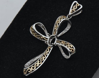 Vintage Sterling Silver with Gold Tone Semi-Mount Cross Pendant with Rhinestones