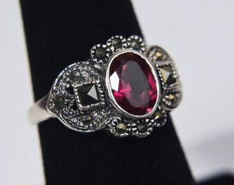 Sterling Silver Art Deco Synthetic Ruby and Marcasite Ring - Size 5.75