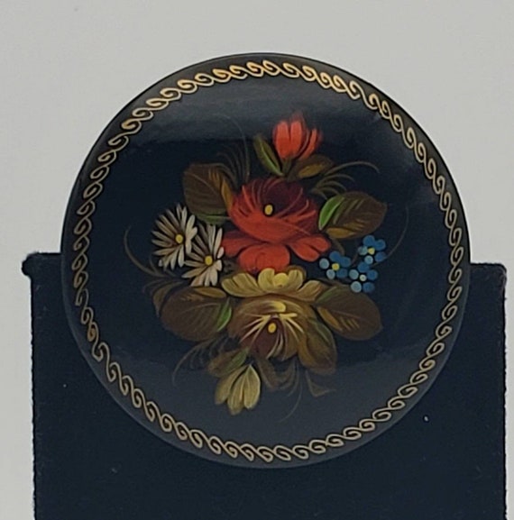 Vintage Hand-Painted Floral Wood Brooch - image 1