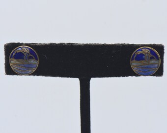 Puces d'oreilles vintage oiseau en vol en émail