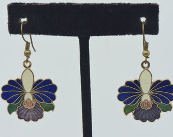 Vintage Enamel Orchid Dangle Earrings