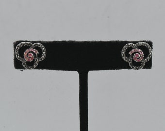 Vintage Sterling Silver Pink Crystal and Marcasite Trefoil Stud Earrings