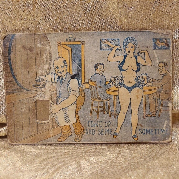 Vintage Suggestive Risqué Picture Card With Interactive Sand Beer Bathroom Lady