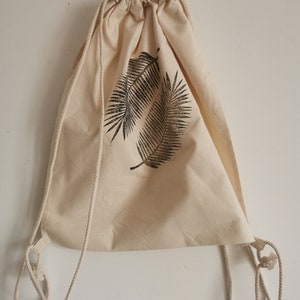 Handprinted 100% Cotton Drawstring Backpack Rucksack -Black Feather Pattern, Reusable Eco Shopping Bag.  Gym Bag, School Bag.Linocut print.