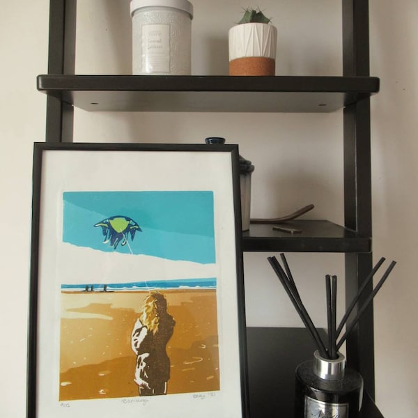 Bamburgh beach, (unframed) original limited edition reduction linocut art print. Seaside wall decor. Housewarming gift. Beach lover gift.
